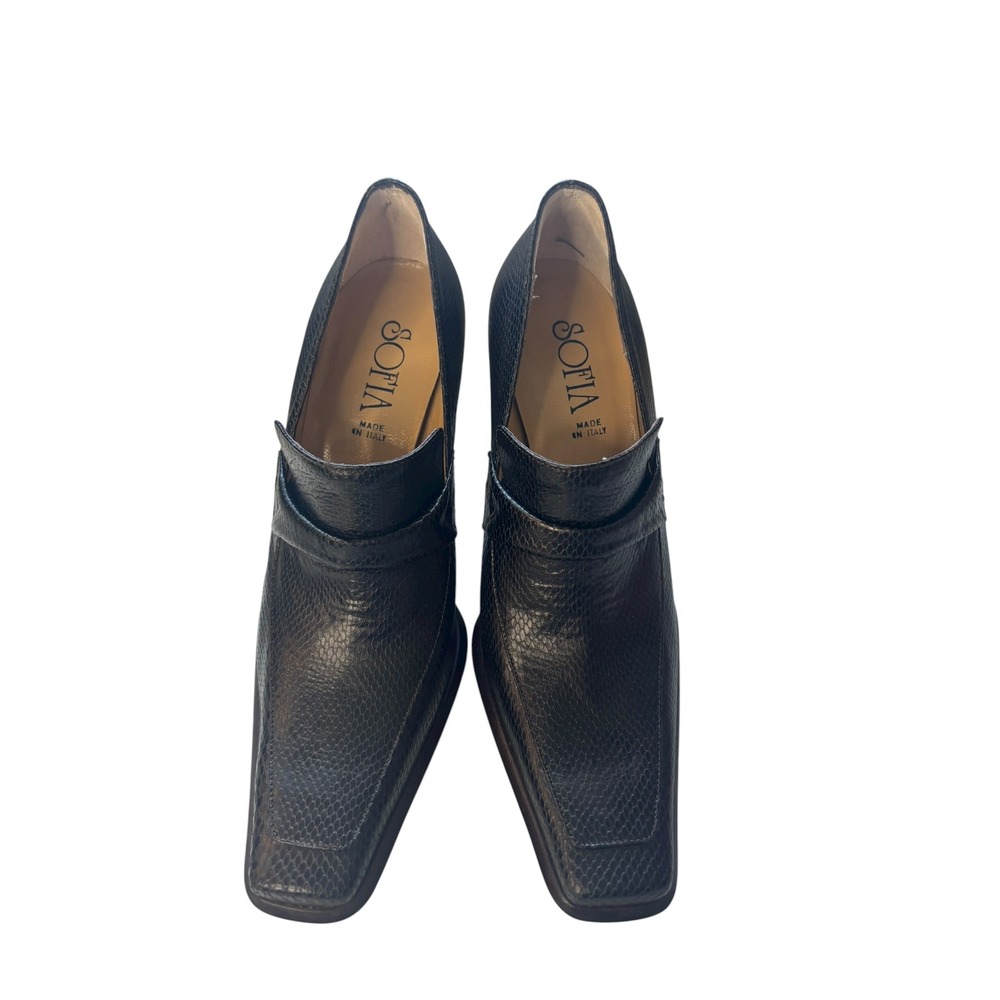 Sofia 3.5" Heeled Loafers Square Toe Leather Pumps Black Made in Italy Size 36 - Picture 5 of 9